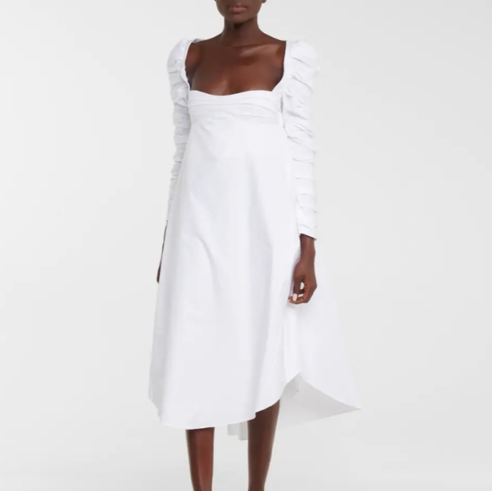 KHAITE Karlina Ruched Puff Sleeve Cotton White Open Back Dress US 8 Org $1,880